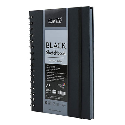 BRUSTRO Black Sketchbook | A5, 200GSM | 40 Sheets/80 Pages | Wiro Bound, Spiral, Premium, Acid-free Paper, Professional-Grade, Ideal for Dry media, Mandala art, Graphite, Charcoal, School, Office use