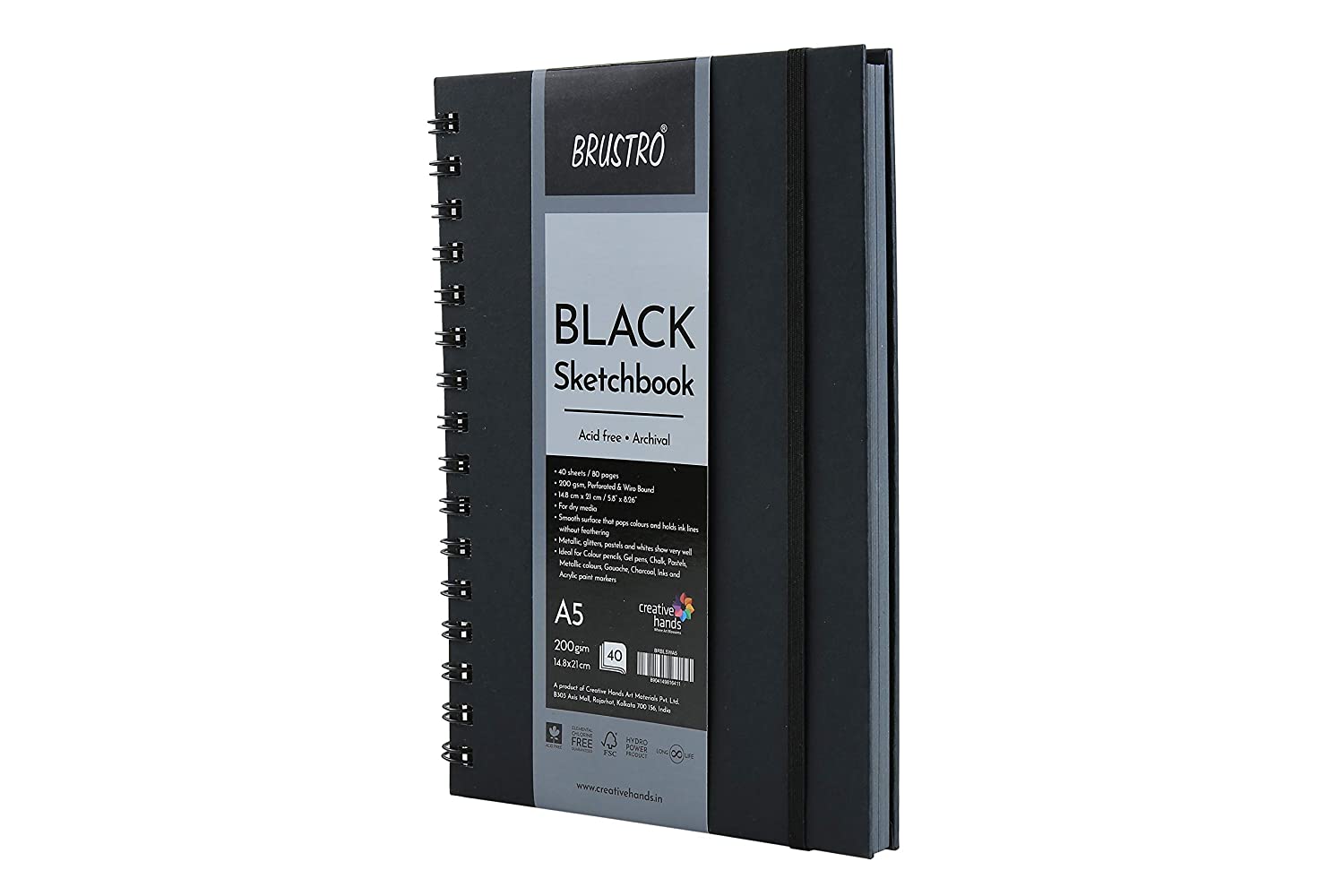 BRUSTRO Black Sketchbook | A5, 200GSM | 40 Sheets/80 Pages | Wiro Bound, Spiral, Premium, Acid-free Paper, Professional-Grade, Ideal for Dry media, Mandala art, Graphite, Charcoal, School, Office use