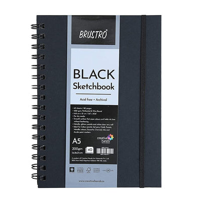 BRUSTRO Black Sketchbook | A5, 200GSM | 40 Sheets/80 Pages | Wiro Bound, Spiral, Premium, Acid-free Paper, Professional-Grade, Ideal for Dry media, Mandala art, Graphite, Charcoal, School, Office use