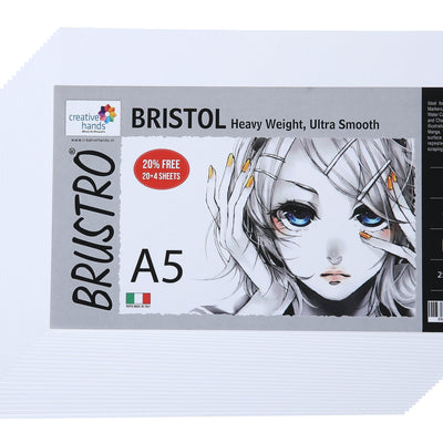 Brustro Ultra Smooth Bristol Sheets, A5 Size, 250 GSM Pack of 20 + 4 Free Sheets (Pack of 2)