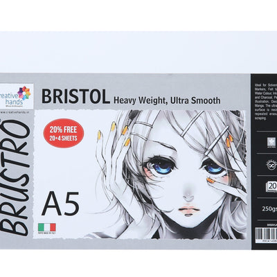 Brustro Ultra Smooth Bristol Sheets, A5 Size, 250 GSM Pack of 20 + 4 Free Sheets (Pack of 2)