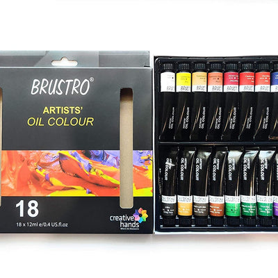 Brustro White Bristle Hair Brushes (Pack of 13) with Artists Oil Colour Set of 18 Colours X 12ML Tubes and Oil Painting Paper 300 GSM A4 (Pack of 9 + 3 Free Sheets)