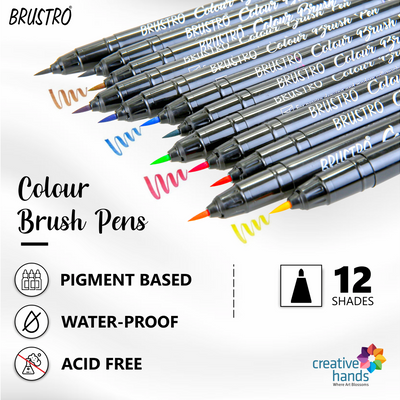 BRUSTRO Metallic Brush Pens - Soft Brush Tip Set of 10 Colors. with Colour Brush Pens Set of 12 (Pigment Based, Hard tip Brush Pen) Flexible tip for Calligraphy, Lettering and Drawing Techniques.