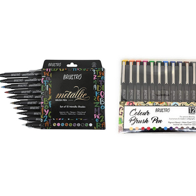 BRUSTRO Metallic Brush Pens - Soft Brush Tip Set of 10 Colors. with Colour Brush Pens Set of 12 (Pigment Based, Hard tip Brush Pen) Flexible tip for Calligraphy, Lettering and Drawing Techniques.