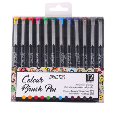 BRUSTRO Colour Brush Pens Set of 12 ( Pigment based , Hard tip brush pen ) Flexible tip for lettering and drawing techniques.
