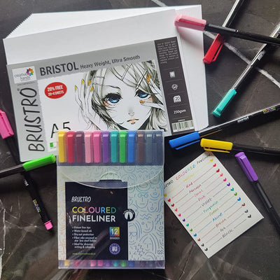 BRUSTRO Coloured Fineliner Set of 12 | Assorted Colours | 0.4mm | Ideal for Writing, Drawing, Coloring, Sketching, Doodles, Mandala Art & BRISTOL Ultra-Smooth Paper | A5, 250 gsm, 20+4 sheets/48 pages