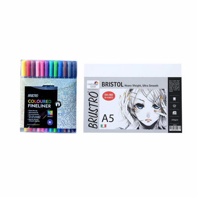 BRUSTRO Coloured Fineliner Set of 12 | Assorted Colours | 0.4mm | Ideal for Writing, Drawing, Coloring, Sketching, Doodles, Mandala Art & BRISTOL Ultra-Smooth Paper | A5, 250 gsm, 20+4 sheets/48 pages