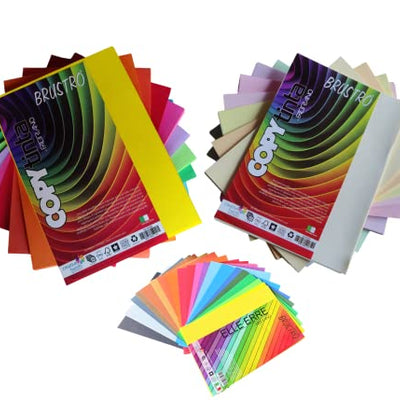 BRUSTRO Copytinta Coloured Craft Paper A4 Size 80 GSM Bright & Soft Colour 80 Sheets (10 cols Each of Bright and Soft X 4 Sheets). With Elle Erre card stock A5, 220 GSM,Pack of 24 Shades X 2 Sheets.