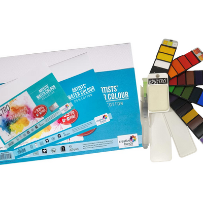 BRUSTRO Artists Watercolour Paint Pan Set of 25 with Artists Watercolour Paper 300 GSM, 25% Cotton, Color, Cold Pressed, A4 (Pack of 12), A3 (Pack of 6) & A5 (Pack of 24)