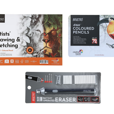 Brustro Artists’ Colour Pencil Set of 72 with Wiro Pad A4-160GSM & Slim Battery Operated Automatic Eraser