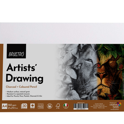 BRUSTRO Artist's Drawing Papers | 160 GSM, A4, Pack of 30 Sheets | Ideal for Students,Adults, Coloring, Art, Craft, Natural Grain, Graphite, Charcoal, Pastels, Sketching, Shading, Drawing and Portrait
