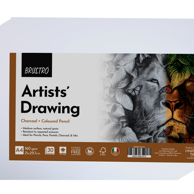 BRUSTRO Artist's Drawing Papers | 160 GSM, A4, Pack of 30 Sheets | Ideal for Students,Adults, Coloring, Art, Craft, Natural Grain, Graphite, Charcoal, Pastels, Sketching, Shading, Drawing and Portrait