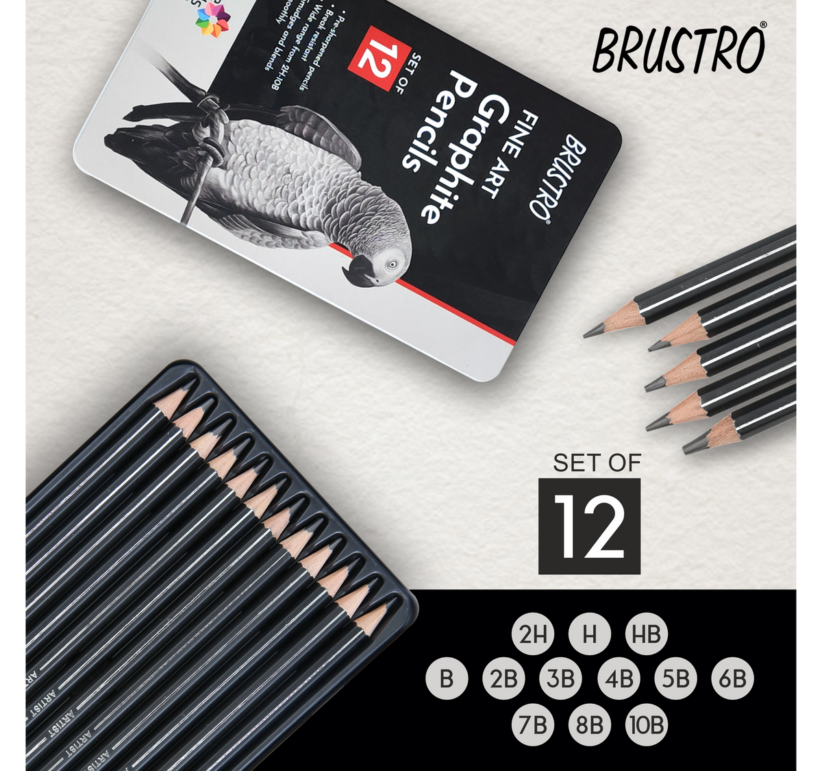 BRUSTRO Battery Operated Automatic Eraser with Artists FINEART Graphite Pencil Set of 12 (10B-2H)