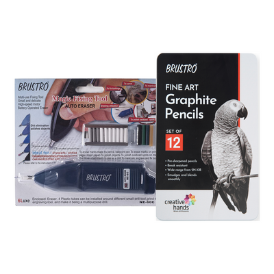 BRUSTRO Battery Operated Automatic Eraser with Artists FINEART Graphite Pencil Set of 12 (10B-2H)
