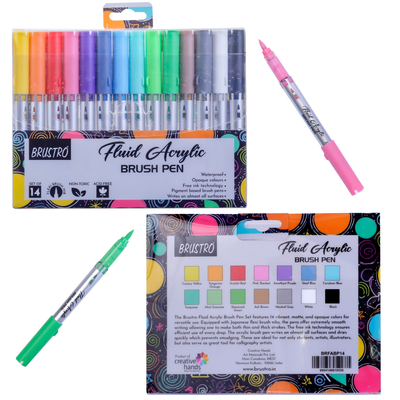 BRUSTRO Fluid Acrylic Brush Pen | Set of 14 | Waterproof, Fast Drying, Opaque Colors, Highly Pigmented | Ideal for Colouring, Drawing, Doodling, Marker, Professional Art & Craft