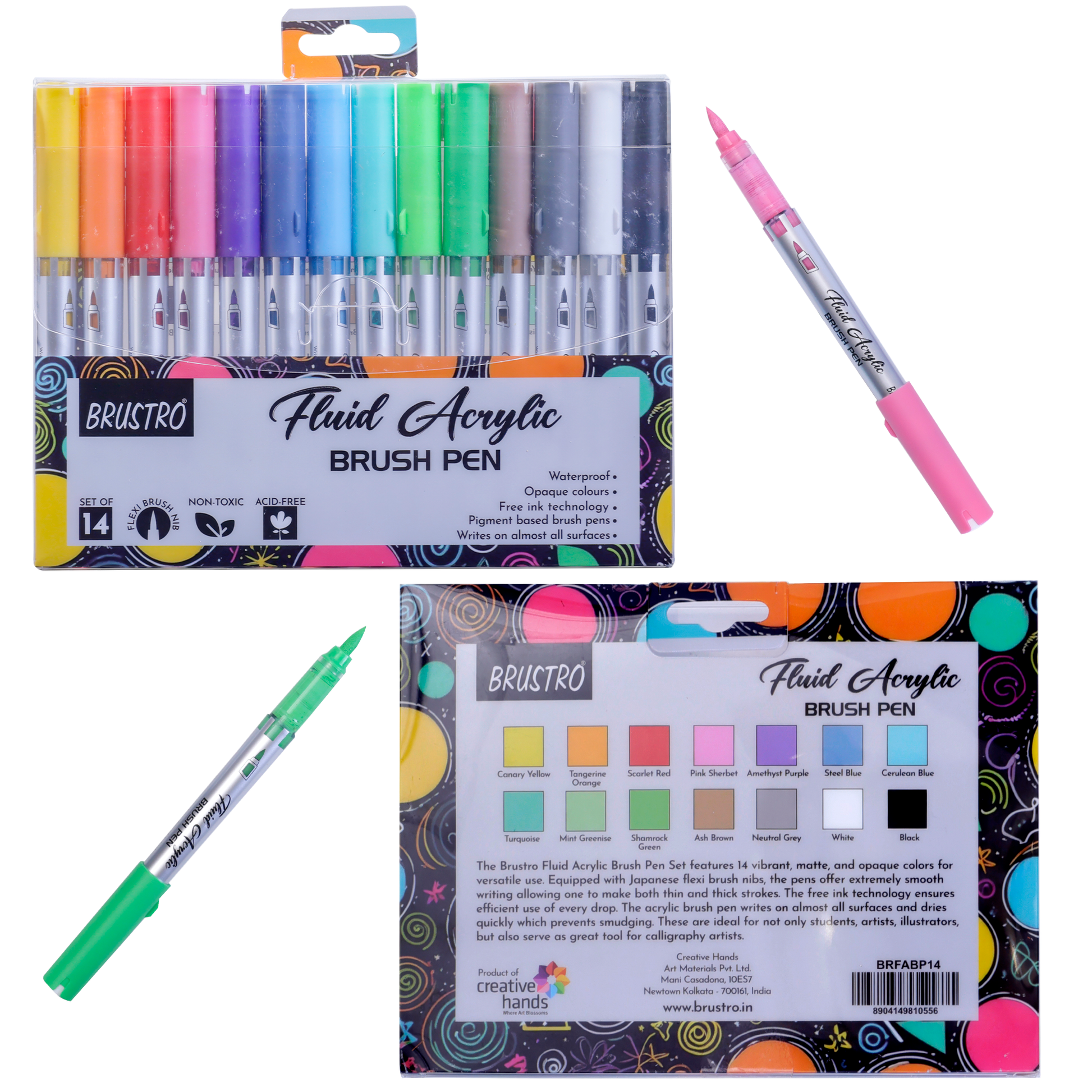 BRUSTRO Fluid Acrylic Brush Pen | Set of 14 | Waterproof, Fast Drying, Opaque Colors, Highly Pigmented | Ideal for Colouring, Drawing, Doodling, Marker, Professional Art & Craft