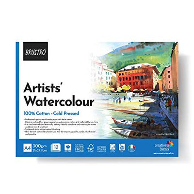 BRUSTRO Artist 100% Cotton Watercolour Pad Cold Pressed 300 GSM A4-12 Sheets