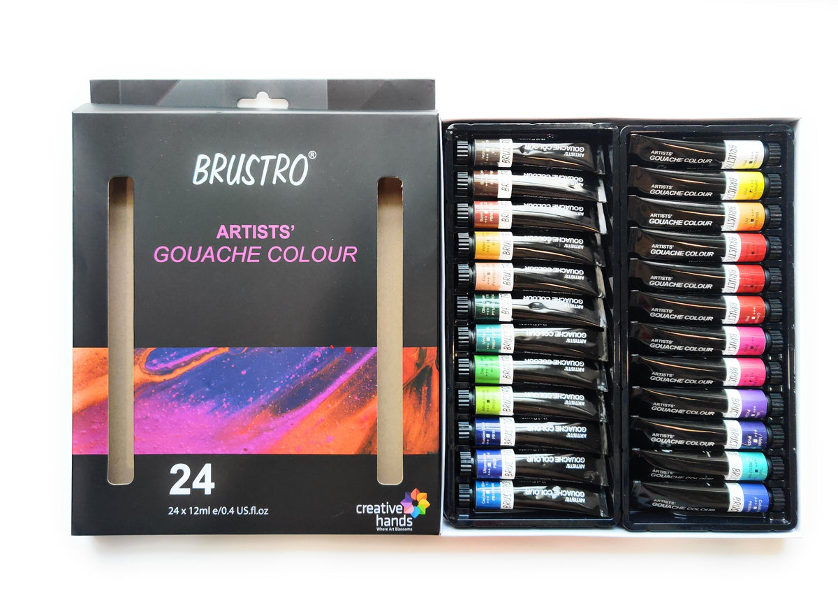 BRUSTRO Artist's Gouache Colour | Set of 24 Colors X 12ml Tubes |Perfect for Watercolor paper,Infinite Blending,Non-Toxic,Highly Pigmented,Ideal for Professional Artists,Graphic Designers,Illustrators