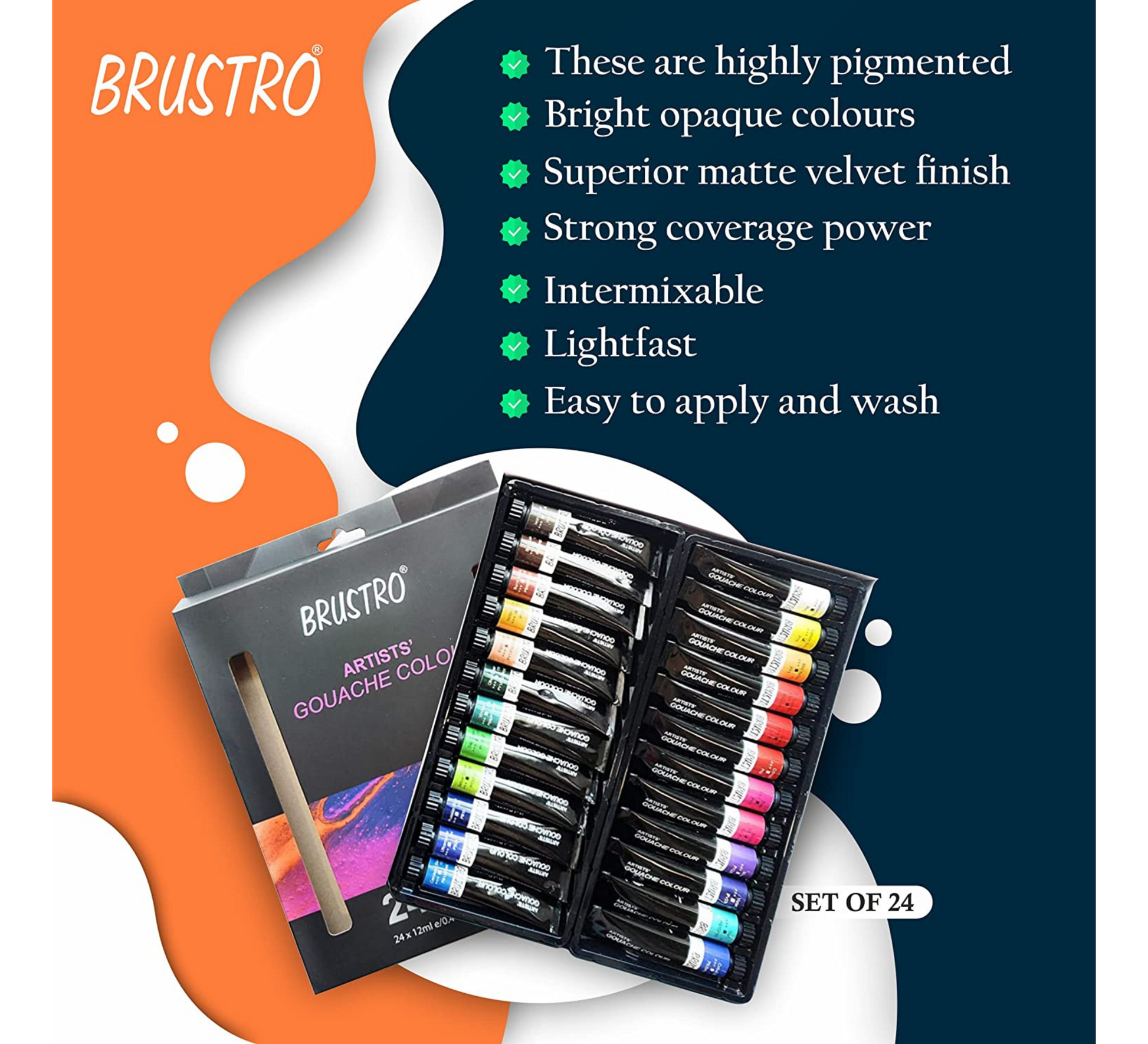 BRUSTRO Artist Gouache Colour Set of 24 Colours X 12ML Tubes with Watercolour Journal