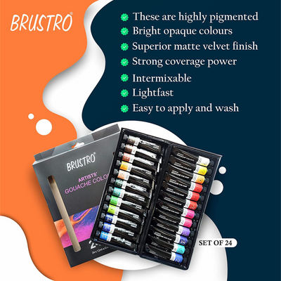 BRUSTRO Artists Gouache Colour Set of 24 Colours X 12ML Tubes with 25% Cotton Watercolour Wiro Journal Cold Pressed 200 GSM A5-25 Sheets and VelveTouch Artist Brushes set of 6
