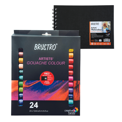 BRUSTRO Artist Gouache Colour Set of 24 Colours X 12ML Tubes with Watercolour Journal