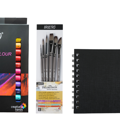 BRUSTRO Artists Gouache Colour Set of 24 Colours X 12ML Tubes with 25% Cotton Watercolour Wiro Journal Cold Pressed 200 GSM A5-25 Sheets and VelveTouch Artist Brushes set of 6