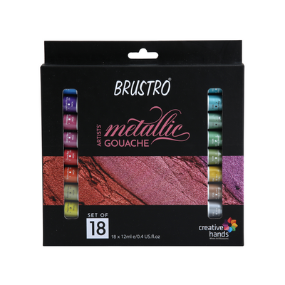 Brustro Metallic Gouache Set of 18 with Kolinsky Imitation WC Travel Brush Round Size 6 & Black Sketchbook, Wiro Bound, Size A5