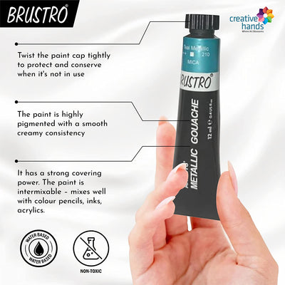 Brustro Metallic Gouache Set of 18 with Kolinsky Imitation WC Travel Brush Round Size 6 & Black Sketchbook, Wiro Bound, Size A5