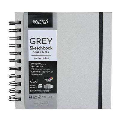 Brustro Toned Paper - Grey Sketchbook, Wiro Bound, Size 6" x 6", 120GSM (60 Sheets) 120 Pages