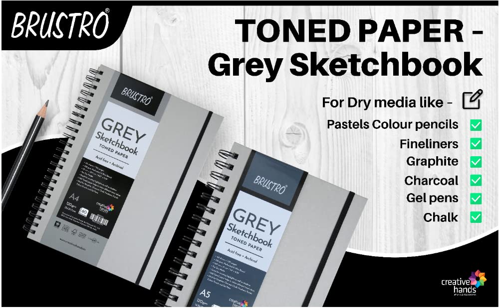 Brustro Toned Paper - Grey Sketchbook, Wiro Bound, Size 6" x 6", 120GSM (60 Sheets) 120 Pages