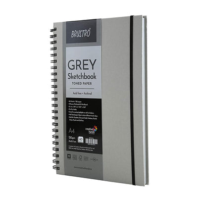 BRUSTRO Toned Paper - Grey Sketchbook | A4, 120 GSM | 60 Sheets/120 Pages | Wiro Bound, Spiral, Premium, Acid-free Paper, Ideal for Dry media, Mandala Art, Graphite, Charcoal, Colour pencils, Gel pens