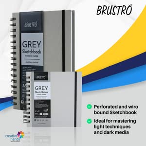 BRUSTRO Toned Paper - Grey Sketchbook | A4, 120 GSM | 60 Sheets/120 Pages | Wiro Bound, Spiral, Premium, Acid-free Paper, Ideal for Dry media, Mandala Art, Graphite, Charcoal, Colour pencils, Gel pens