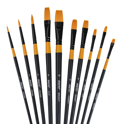 BRUSTRO Artists Gold Taklon Brushes Set of 10| Ideal for Acrylics, Oil paintings, Watercolour | long handle, Bright, Filbert, Flat, Round, Professional Art, School, Office Use.