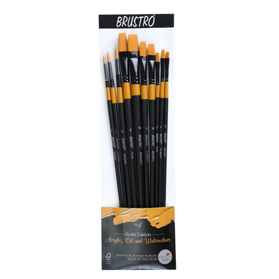 BRUSTRO Artists ’ Acrylic Colour Set of 24 Colours X 12ML Tubes with Glued Pad 400 GSM, A4-12 Sheets and Gold TAKLON Set of 10 Brushes