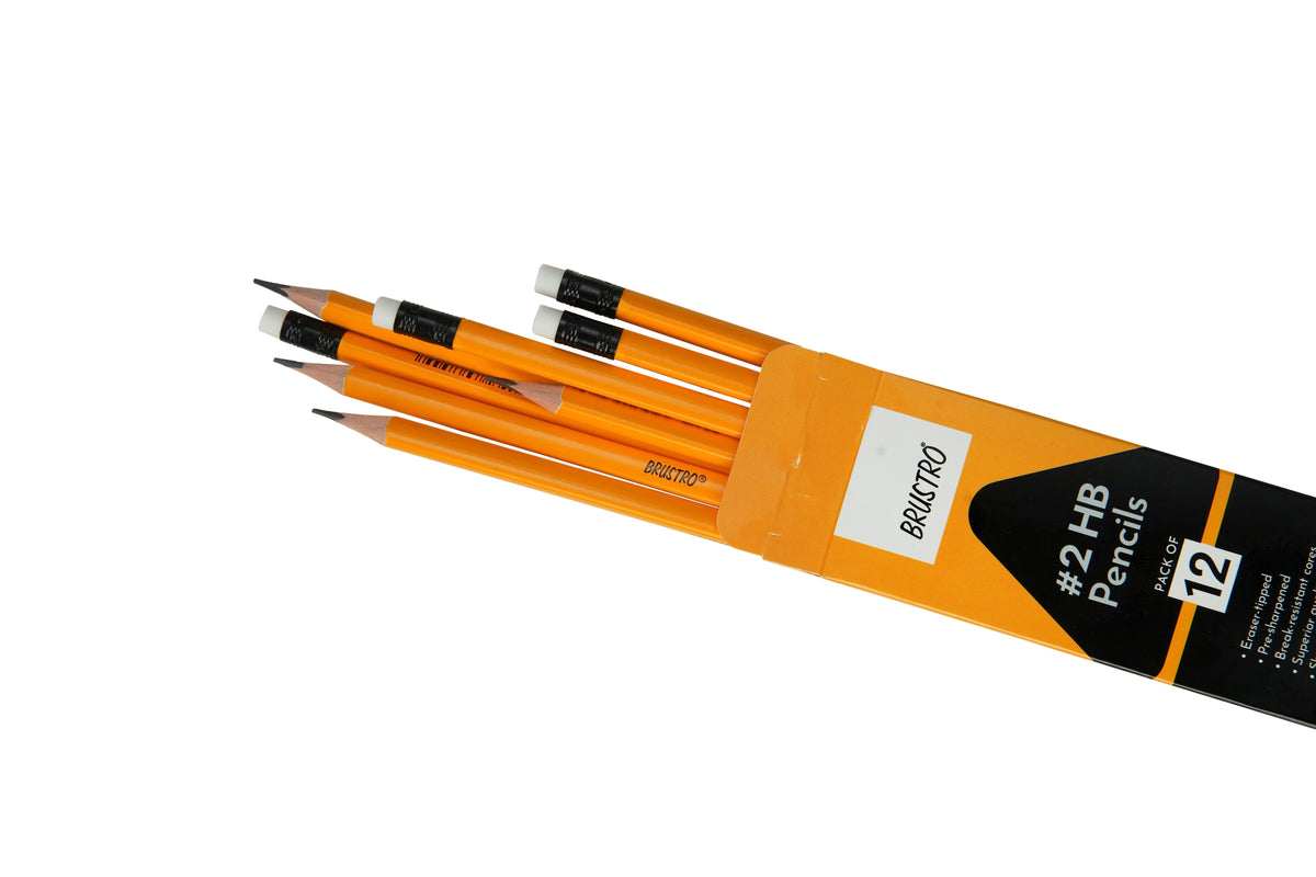 BRUSTRO 2HB Pencils | Pack of 12 | Strong Grip, Extra Dark with Eraser Tip, Pre-Sharpened, Smooth Handwriting, Drawing, Sketching, Mandala, Graphite, Ideal for Students and Adults, School, Office use