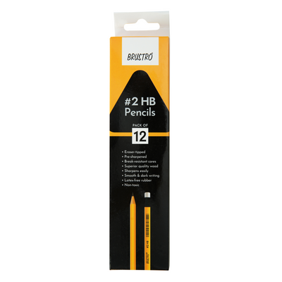BRUSTRO 2HB Pencils | Pack of 12 | Strong Grip, Extra Dark with Eraser Tip, Pre-Sharpened, Smooth Handwriting, Drawing, Sketching, Mandala, Graphite, Ideal for Students and Adults, School, Office use