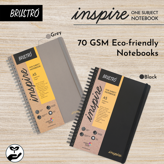 BRUSTRO Inspire A5 Size, 1 Subject Ruled Notebooks (Set of 2), 80 sheets/160 pages, 70 gsm ivory paper, Black/Grey Velvety Touch Cover