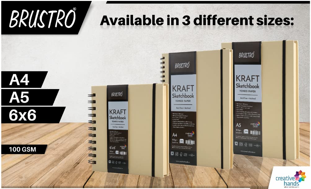 Brustro Toned Paper - Kraft Sketchbook, Wiro Bound, Size 6" x 6", 100GSM (100 Sheets) 200 Pages
