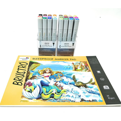 Brustro Twin Tip Alcohol Based Marker Set of 12 Basic A & Set of 12 Basic B with Brustro Bleedproof Marker Pad 70 GSM A4 (Contains 50 Sheets)