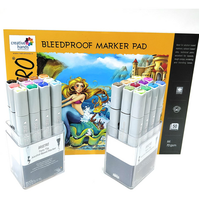 Brustro Twin Tip Alcohol Based Marker Set of 12 Basic A & Set of 12 Basic B with Brustro Bleedproof Marker Pad 70 GSM A4 (Contains 50 Sheets)