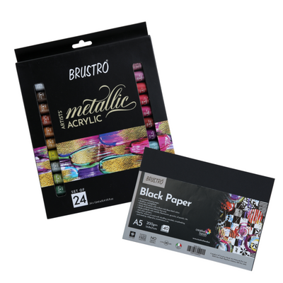 Brustro Artists Metallic Acrylic Set of 24x12ml with Black Paper A5 (40 Sheets)