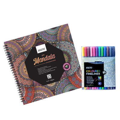 Brustro DIY Mandala Colouring Book 9"x9" 160 GSM 25 Perforated Sheets & Brustro Coloured Fineliner set of 12 (Assorted Colours), 0.4mm, for writing, drawing, doodles, mandala