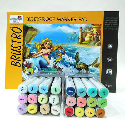 Brustro Twin Tip Alcohol Based Marker Set of 12 Basic C & Set of 12 Pastel Tones with Brustro Bleedproof Marker Pad 70 GSM A4 (Contains 50 Sheets)