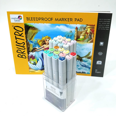 Brustro Twin Tip Alcohol Based Marker Set of 12 Basic C & Set of 12 Pastel Tones with Brustro Bleedproof Marker Pad 70 GSM A4 (Contains 50 Sheets)