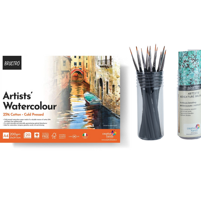 BRUSTRO Artists Watercolours & Acrylics Miniature Brush Set of 12 with Free Brush Holder and BRUSTRO Artist 25% Cotton Watercolour Pad Cold Pressed 200 GSM A4 Pad 20 Sheets