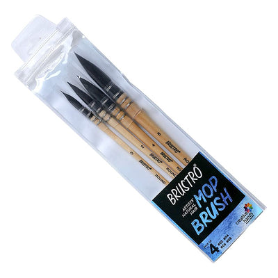 BRUSTRO Artists Natural Hair MOP Brush Set of 4 (0, 2, 4, 8) with Artist Watercolour Pad Cold Pressed 300 GSM 25% Cotton A4 - (12 + 4 Free Sheets)
