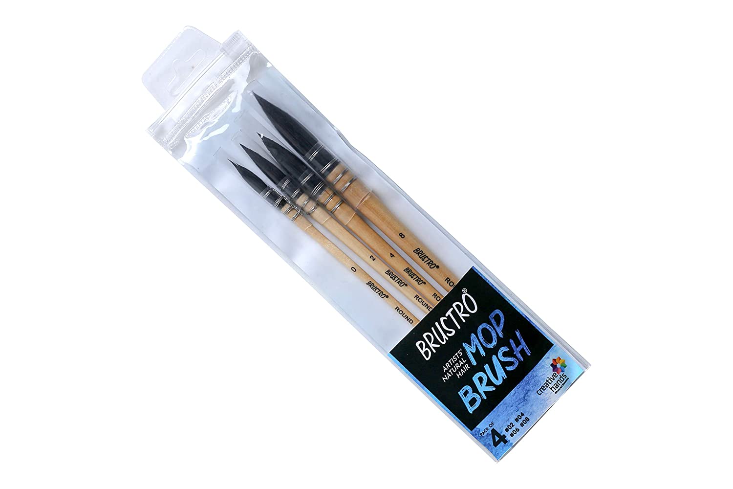 BRUSTRO Artists Natural Hair MOP Brush Set of 4 (0, 2, 4, 8) with Artist Watercolour Pad Cold Pressed 300 GSM 25% Cotton A4 - (12 + 4 Free Sheets)