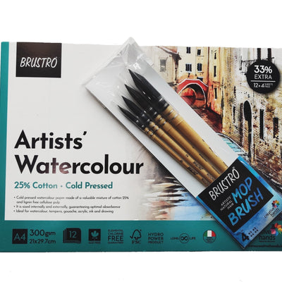 BRUSTRO Artists Natural Hair MOP Brush Set of 4 (0, 2, 4, 8) with Artist Watercolour Pad Cold Pressed 300 GSM 25% Cotton A4 - (12 + 4 Free Sheets)