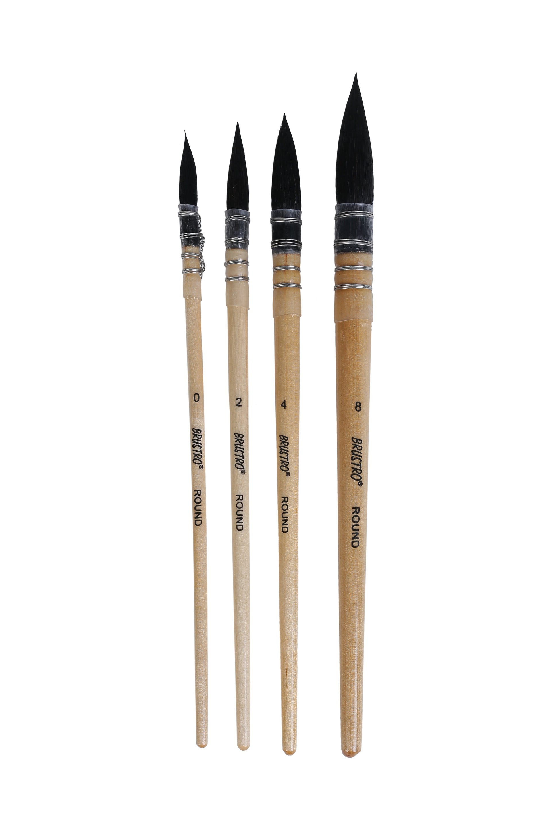 BRUSTRO Artist's Natural Hair MOP Brush | Set of 4 - (0, 2, 4, 8) | Ideal for Watercolor, Synthetic, Blend, Round Paint Brush, Art Painting, Colour, Gouache, Wooden Handle, Professional and Students