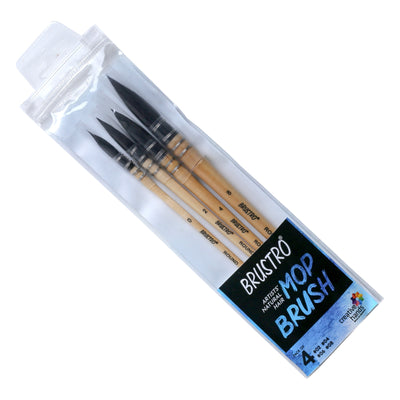 BRUSTRO Artist's Natural Hair MOP Brush | Set of 4 - (0, 2, 4, 8) | Ideal for Watercolor, Synthetic, Blend, Round Paint Brush, Art Painting, Colour, Gouache, Wooden Handle, Professional and Students